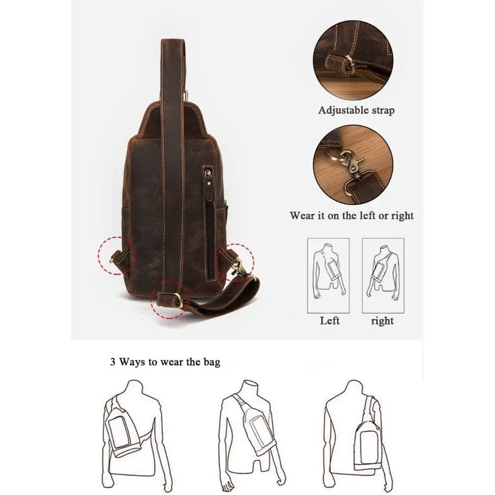 ✨Le'aokuu Men Brown Casual Travel Hiking Chest Bag Rig One Shoulder Strap Bags